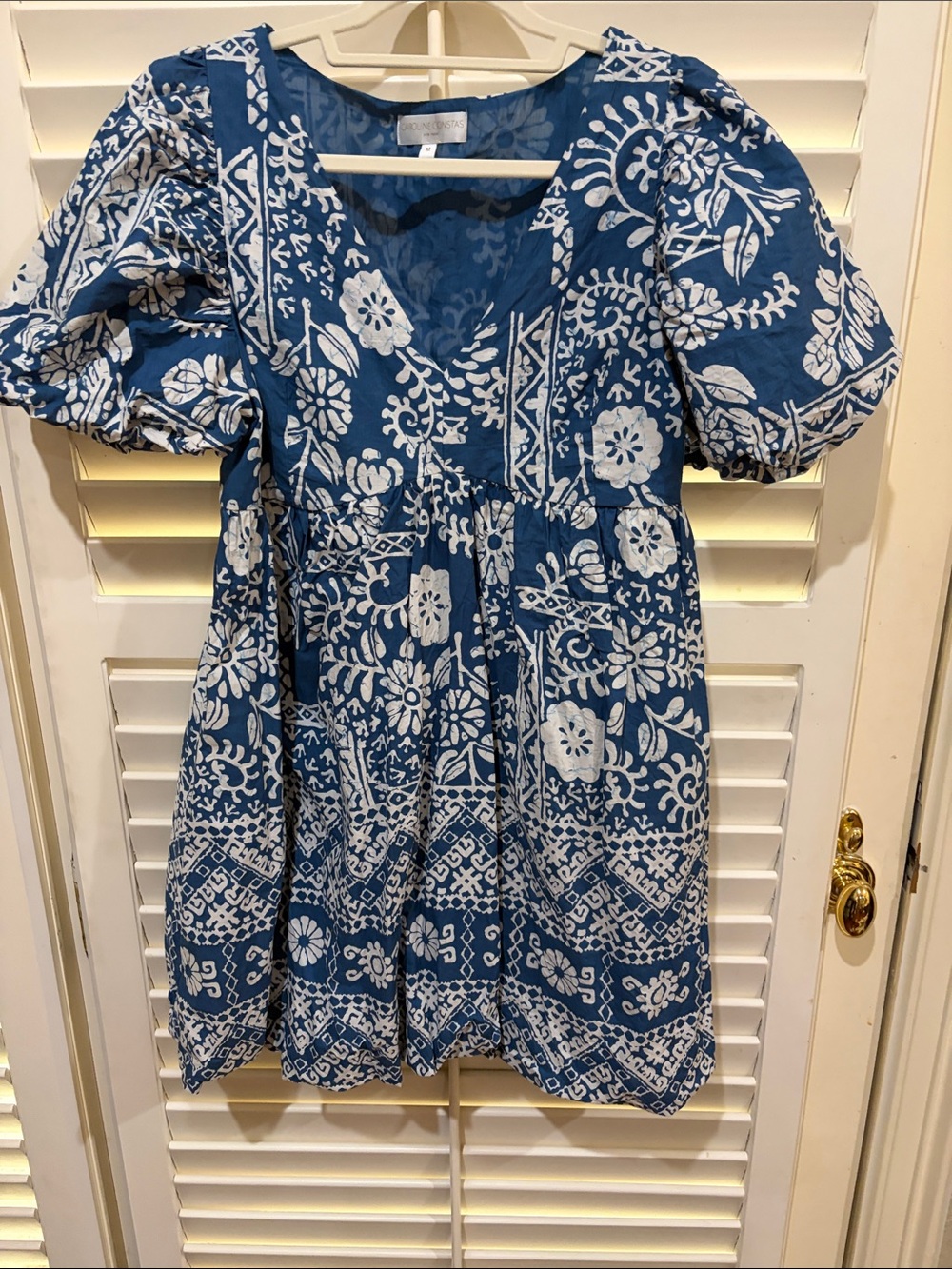 Caroline Constas Blue and White Puff-Sleeve Empire .Dress Size Medium